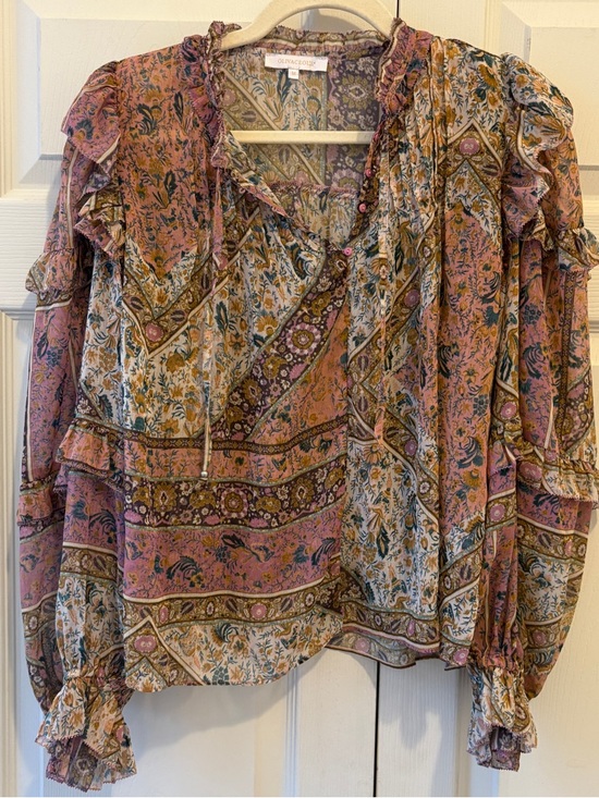 Olivaceous Tops - Olivaceous Pink and Gold Paisley Ruffle Blouse